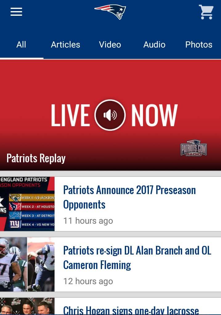 The Patriots’ branded mobile app